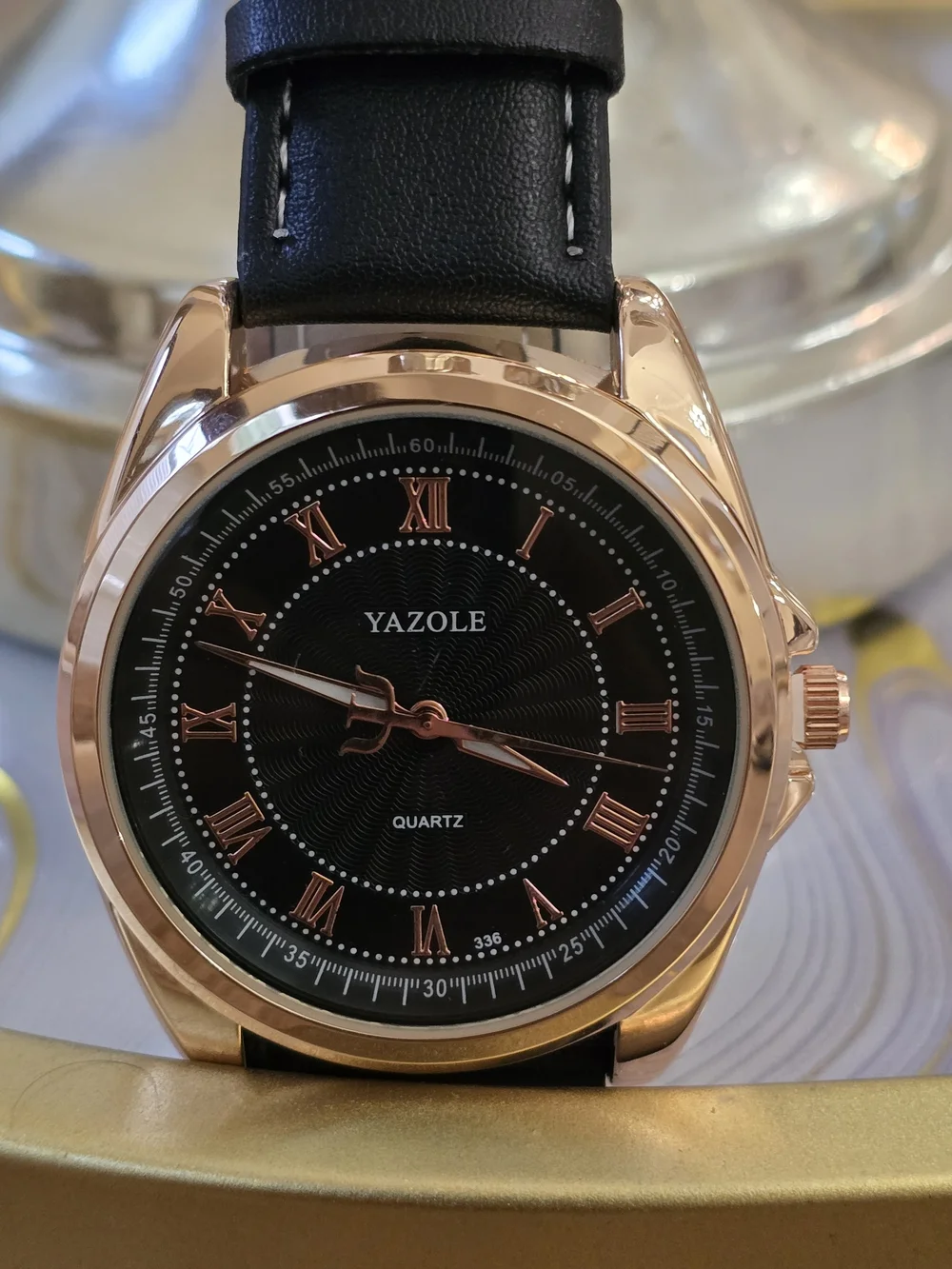 Yazole Men's Black Dial Rose Gold Case Leather Strap Watch